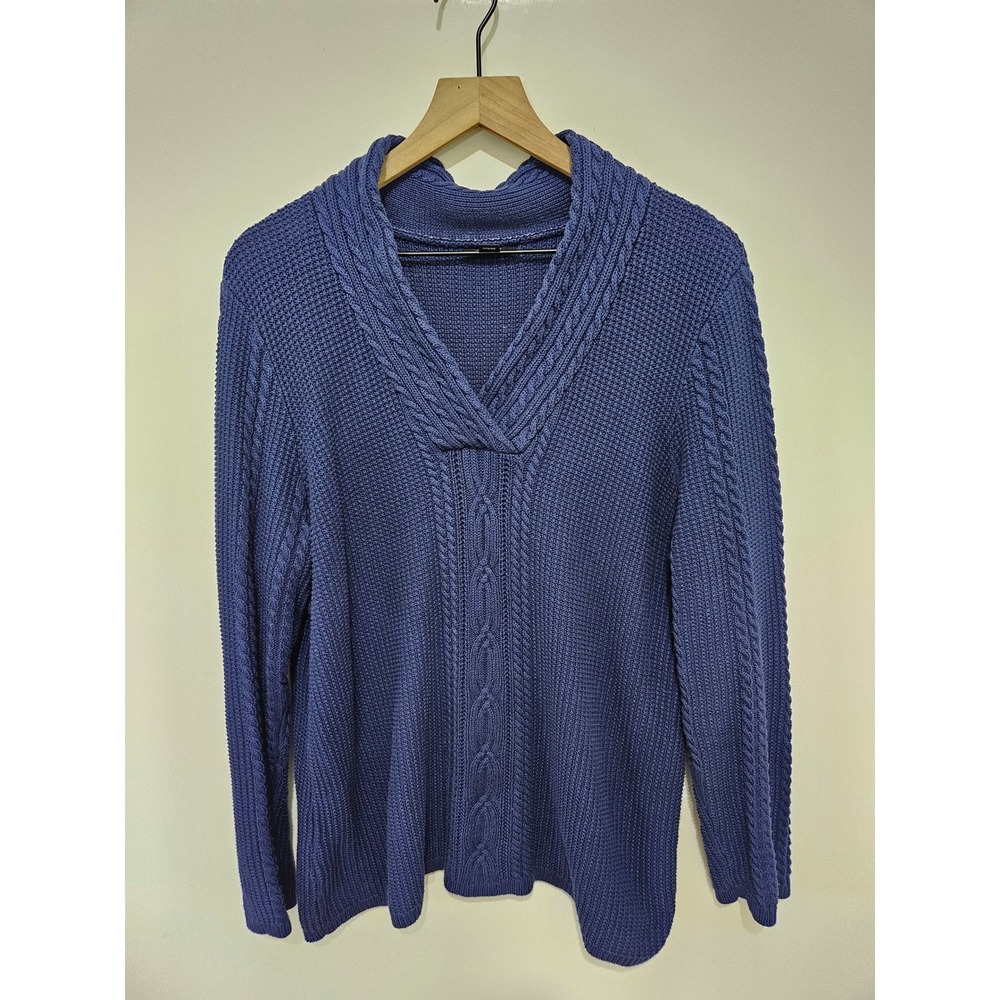 Nautica Womens XXL Blue 100% Cotton Cable Knit Shawl V-Neck Pullover Sweater‎